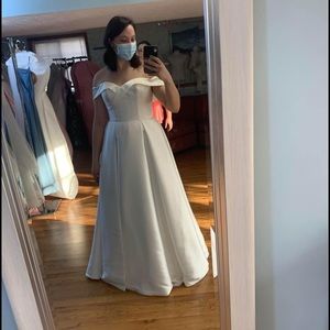 Off the shoulder satin A-line wedding gown dress